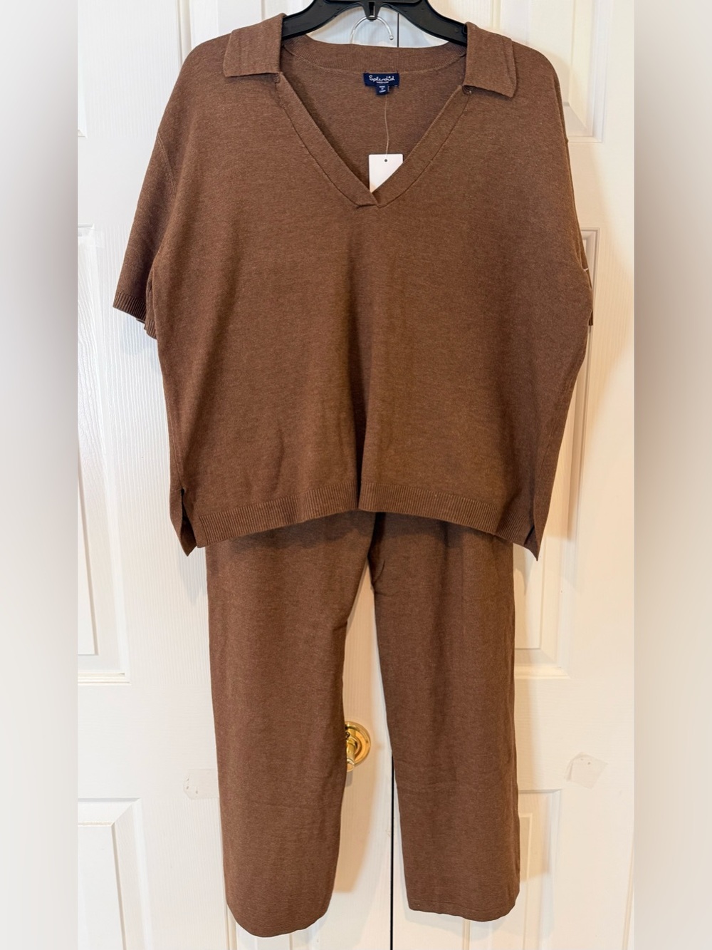 Splendid Chocolate Brown Two-Piece Pants Set Short Sleeve Top Quality Knit V-Nk